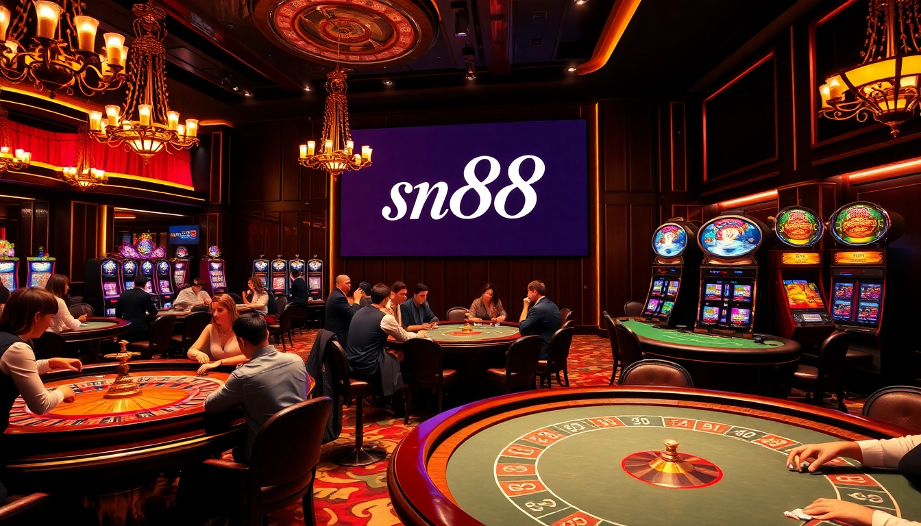 Experience the thrill of gaming at sn88, featuring elegant poker tables and vibrant slot machines in a luxurious casino setting.