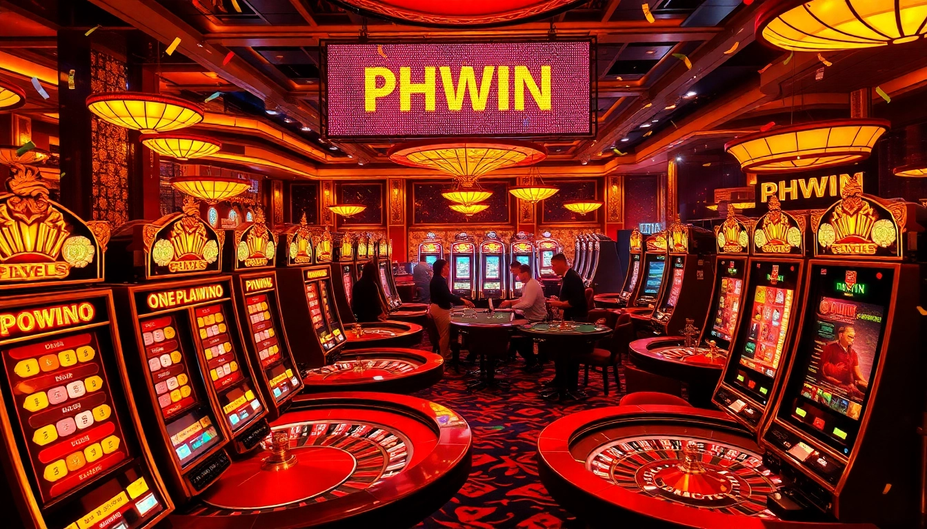 Experience the thrill of PHWIN with vibrant slot machines and an exciting casino atmosphere filled with players and glowing lights.