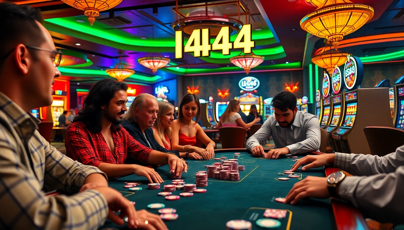 Engaged players at a poker table in a vibrant casino, l444 showcasing thrilling gambling action.