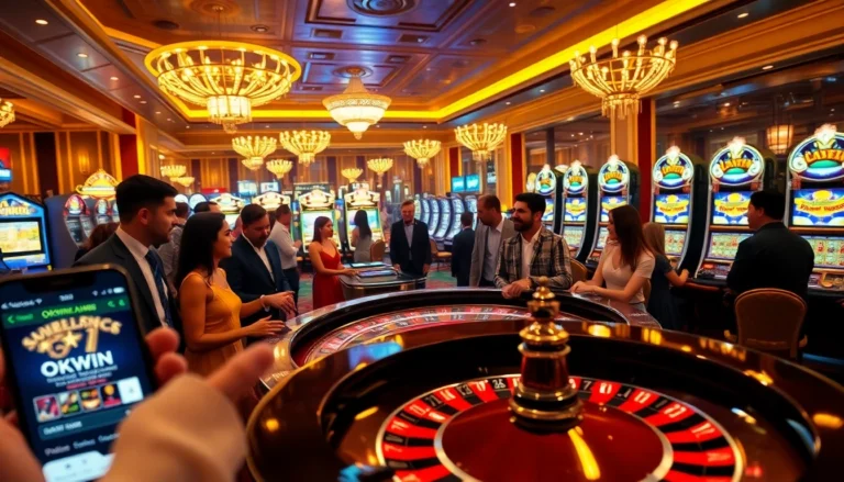 Enthusiastic players at a casino engage at the roulette table and slot machines linked to https://okwin.ae.org/, showcasing vibrant gambling excitement.