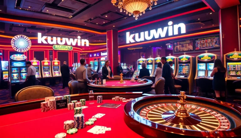 Kuwin's vibrant casino atmosphere showcasing a poker table with chips and cards, celebrating gaming wins.