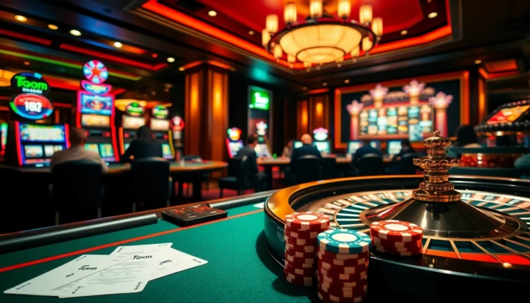 Exciting casino scene featuring 1gom poker chips amidst intense gambling action.