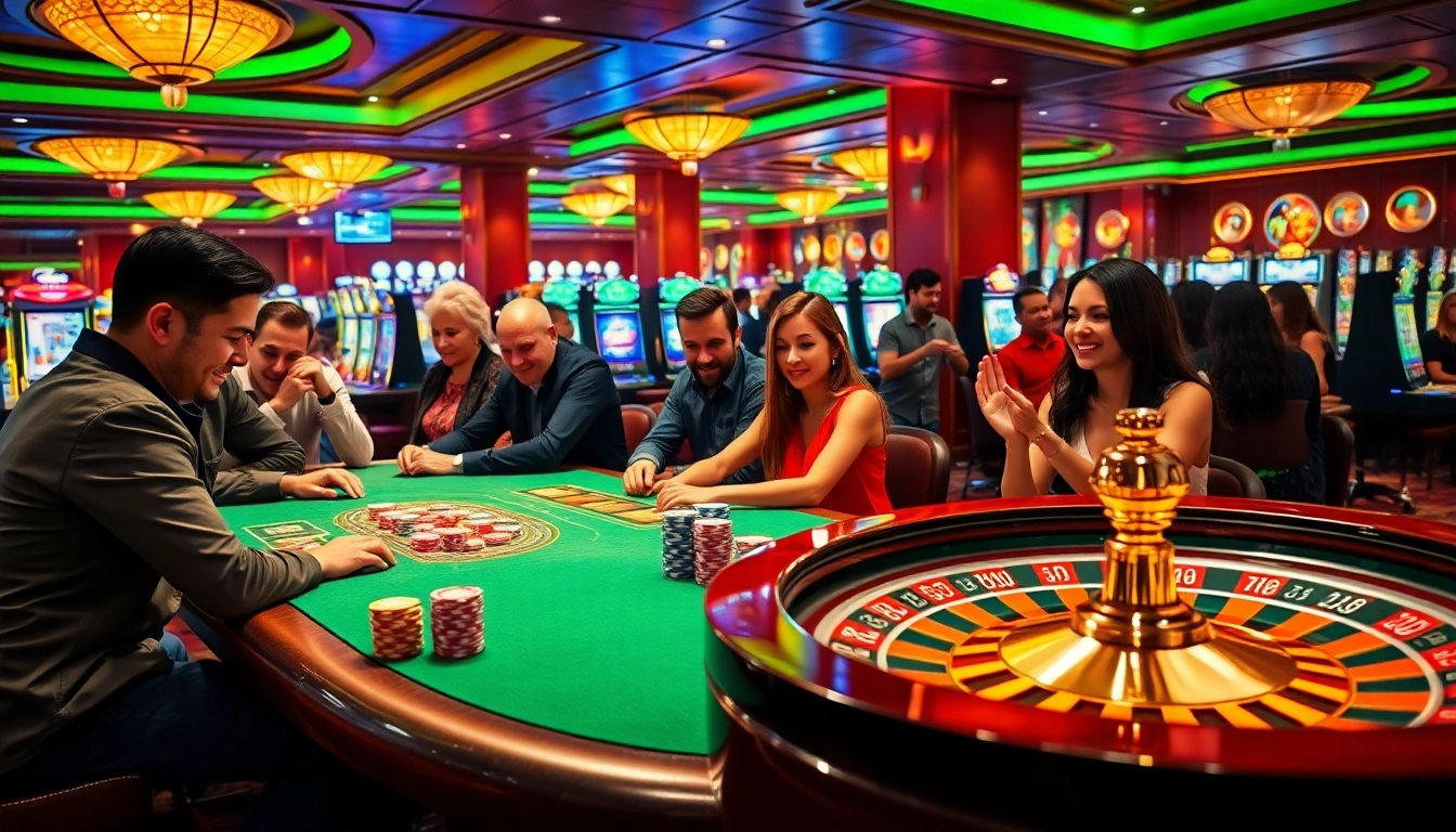 f8bet features high-stakes excitement at a bustling casino table with poker chips and eager players.