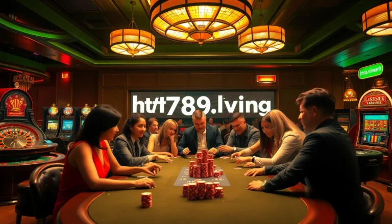 Experience the thrill of winning at https://789f.living/ featuring an exciting poker game amid colorful casino lights and dynamic players.