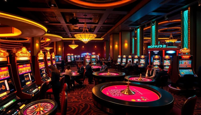 Nohu52 captivates players in an upscale casino environment, showcasing vibrant slot machines, poker chips, and engaging dealers.