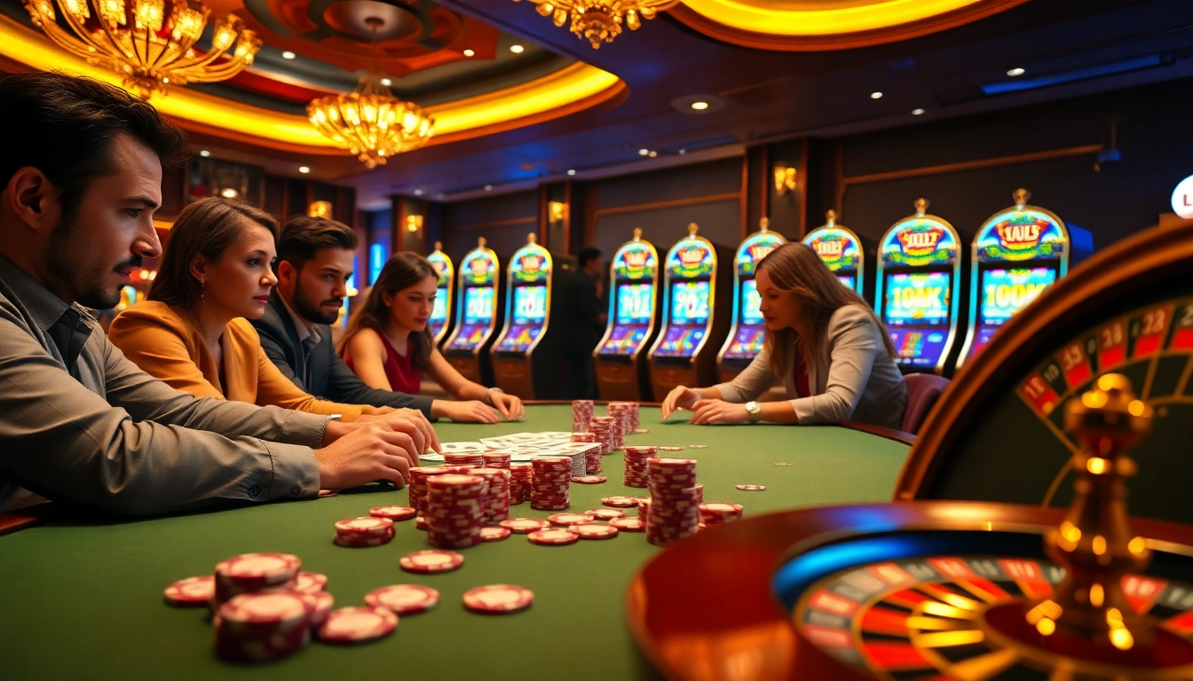 Experience king33 at a thrilling poker table surrounded by vibrant slots and iconic roulette wheels.