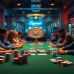 A thrilling scene at a poker table showcasing players engaged in a high-stakes game at https://ea77.lat/ casinos.