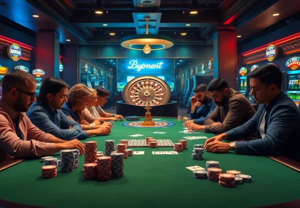A thrilling scene at a poker table showcasing players engaged in a high-stakes game at https://ea77.lat/ casinos.
