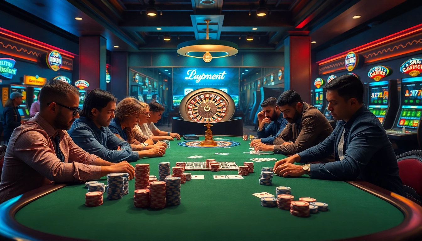 A thrilling scene at a poker table showcasing players engaged in a high-stakes game at https://ea77.lat/ casinos.